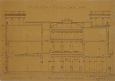 &quot;Μεγάλη οικία Μελά - Δικαστήρια / Τομή κατά πλάτος της Αυλής&quot;. Σχέδιο μετατροπής της Οικίας Μελά σε δικαστήρια. Αρχιτεκτονικό σχέδιο, τομή, του Δημητρίου Βικέλα, 1899