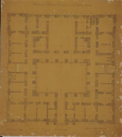 &quot;Μεγάλη οικία Μελά - Δικαστήρια / Ισόγειον&quot;. Σχέδιο μετατροπής της Οικίας Μελά σε δικαστήρια. Αρχιτεκτονικό σχέδιο, κάτοψη ισογείου, του Δημητρίου Βικέλα, 1899