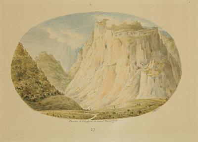Ο Παρνασσός με τη σπηλιά του Οδυσσέα Ανδρούτσου, υδατογραφία του Skene James,1838-1845.