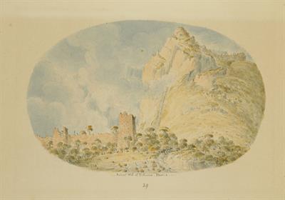 Το τείχος της αρχαίας Τιθορέας, Φωκίδα, υδατογραφία του Skene James,1838-1845.