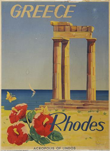 &quot;GREECE - RHODES - ACROPOLIS OF LINDOS&quot; (EΛΛΑΔΑ - ΡΟΔΟΣ - ΑΚΡΟΠΟΛΗ ΤΗΣ ΛΙΝΔΟΥ). Τουριστική διαφημιστική αφίσα του Εθνικού Οργανισμού Τουρισμού (ΕΟΤ), 1954.