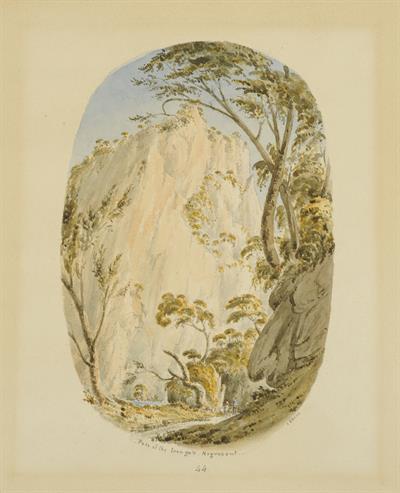 Τοπίο στην Εύβοια, Διάβαση της σιδερένειας πύλης, Νεγρεπόντε, υδατογραφία του Skene James, 1838-1845.