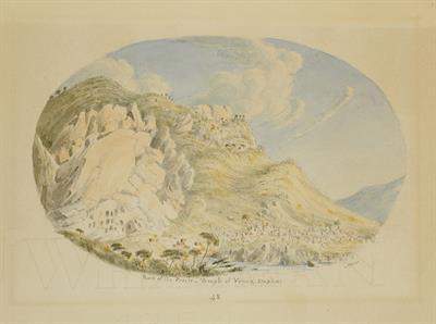 Βράχος Ποικίλης- Ναός Αφροδίτης, Δαφνί, Αττική, υδατογραφία του Skene James,1838-1845.