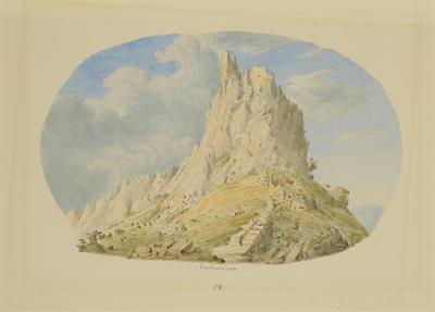 Η Ακρόπολη του Ορχομενού, Θήβα, υδατογραφία του Skene James, 1838-1845.