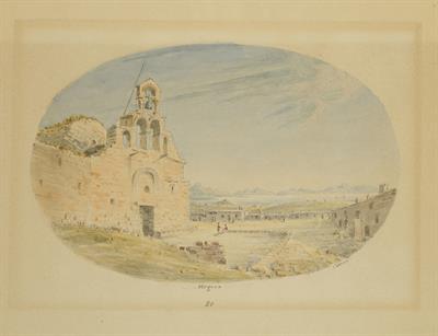 Βυζαντινός ναός στα Μέγαρα, υδατογραφία του Skene James, 1838-1845.