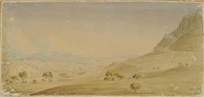 Άποψη του Άργους με το Ναύπλιο στο βάθος, υδατογραφία του Skene James, 1839.