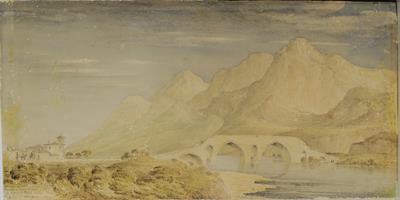 Η γέφυρα της Αλαμάνας στον ποταμό Σπερχειό, υδατογραφία του Skene James, 1838.