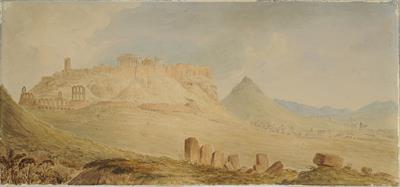 Η Αθήνα με την Ακρόπολη από νοτιοανατολικά, υδατογραφία του Skene James, 1838.