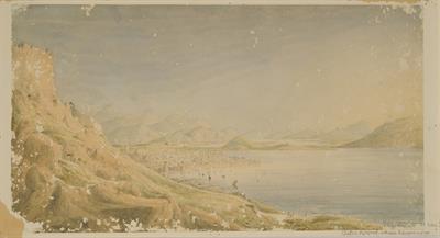 Άποψη της Χαλκίδας με τον πορθμό του Ευρίπου, υδατογραφία του Skene James, 1842.