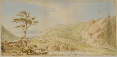 Αρχαία ερείπια κοντά στο Δαφνί, υδατογραφία του Skene James, 1842.