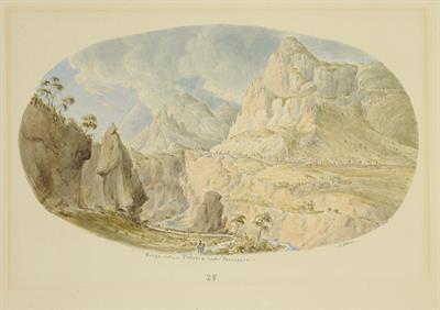 Άποψη της Βελίτσας και του Παρνασσού, υδατογραφία του Skene James, 1838-1845.