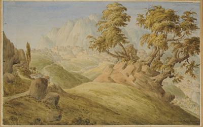 Άποψη της Αράχωβας και του Παρνασσού, υδατογραφία του Skene James.