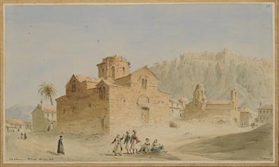 Οι ναοί του Προφήτη Ηλία και των Ταξιαρχών, υδατογραφία του Skene James, 1838.