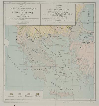 &quot;CARTE ETHNOGRAPHIQUE DE LA TURQUIE D&#039; EUROPE&quot;. Εθνογραφικός χάρτης του ευρωπαϊκού τμήματος της Οθωμανικής Αυτοκρατορίας της Χαρτογραφικής Υπηρεσίας του Ελληνικού Στρατού, σχεδιασθείς από τον A.Synvet και τυπωμένος από τον E.Olivier, Κωνσταντινούπολη, 187