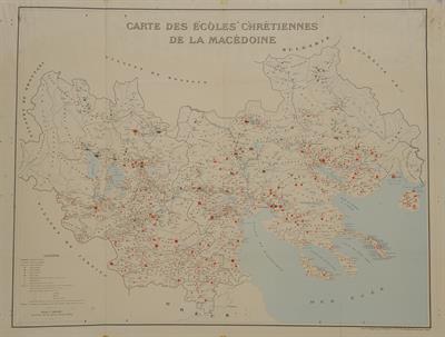 &quot;CARTE DES ECOLES CHRETIENNES DE LA MACEDONIE&quot;. Εθνογραφικός χάρτης της Μακεδονίας του χαράκτη Erhard, Παρίσι, 1906. Χάρτης που παρουσιάζει το πλήθος των χριστιανικών εκκλησιών και σχολείων στη Μακεδονία.