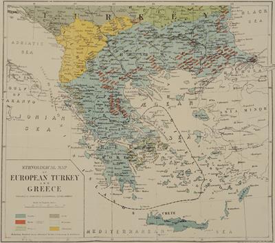 &quot;ETHNOLOGICAL MAP OF EUROPEAN TURKEY AND GREECE&quot;. Εθνογραφικός χάρτης τμήματος της Βαλκανικής Χερσονήσου τυπωμένος στο Stanford&#039;s Geographical Establishment (Βασιλικό Γεωγραφικό Λιθογραφείο του Λονδίνου), 1877.