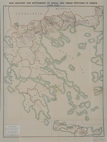 &quot;MAP SHOWING THE SETTLEMENT OF RURAL AND URBAN REFUGEES IN GREECE (1923-1926)&quot;. Ειδικός χάρτης της Μακεδονίας που υποδεικνυεί τις περιοχές της Ελλάδας όπου εγκαταστάθηκαν πρόσφυγες.