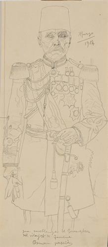 Προσχέδιο προσωπογραφίας του Οσμάν πασά, διοικητή των Ιωαννίνων, μολύβι σε χαρτί του Παναγιώτη Τατσιράμου, Ιωάννινα, 1904.
