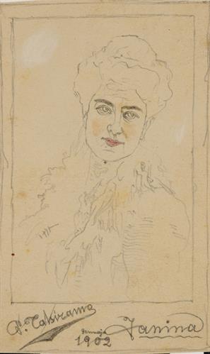 Προσχέδιο προσωπογραφίας γυναίκας, μολύβι σε χαρτί του Παναγιώτη Τατσιράμου, Ιωάννινα, 1902.