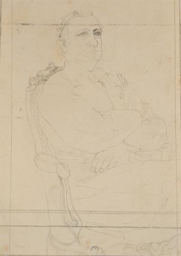 Προσχέδιο προσωπογραφίας ώριμου άνδρα καθισμένου σε πολυθρόνα, μολύβι σε χαρτί του Παναγιώτη Τατσιράμου, Ιωάννινα.