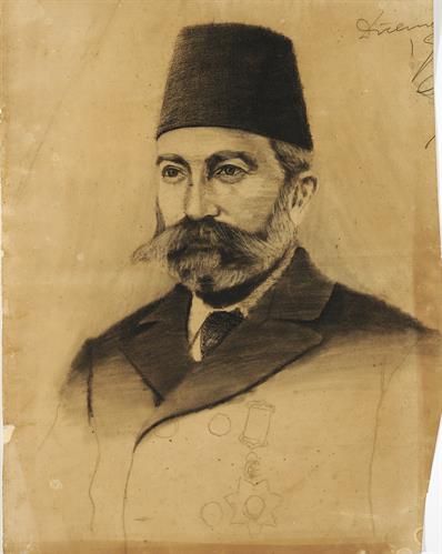 Προσχέδιο προσωπογραφίας άνδρα με φέσι και παράσημα, κάρβουνο σε χαρτί του Παναγιώτη Τατσιράμου, Ιωάννινα.