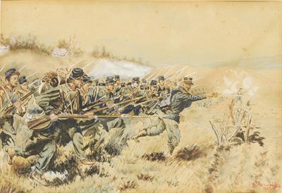 Εξόρμηση ελληνικού στρατού κατά τον Ελληνοτουρκικό πόλεμο του 1897. Υδατογραφία του Α. Αντωνιάδη, 1902.