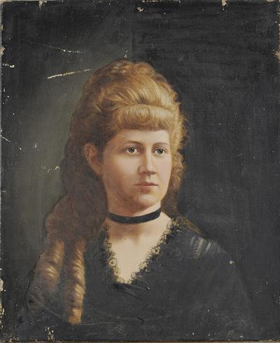 Προσωπογραφία της Καρολίνας Αλεξ. Ρίζου-Ραγκαβή, το γένος Skene, ελαιογραφία σε ξύλο.