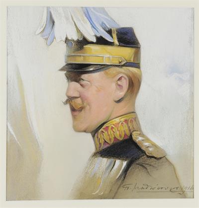 Προσωπογραφία του Κωνσταντίνου Α&#039;, κρητιδογραφία σε χαρτόνι του Παύλου Μαθιόπουλου, 1916.