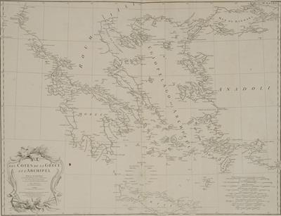 &quot;LES COTES DE LA GRECE ET DE L&#039; ARCHIPEL&quot;. Χάρτης της Ελλάδας και του Αιγαίου Πελάγους. Ασπρόμαυρη χαλκογραφία, J.B.B. d&#039; Anville, Παρίσι, 1756.
