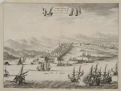 &quot;De Stad en Vesting van NAVARINO&quot;. Άποψη του Ναυαρίνου. Ασπρόμαυρη χαλκογραφία, [Olfert Dapper], [Άμστερνταμ], [1688].