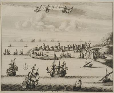 &quot;DE STADT MODON&quot;. Άποψη της Μεθώνης. Ασπρόμαυρη χαλκογραφία, [Olfert Dapper], [Άμστερνταμ], [1688].