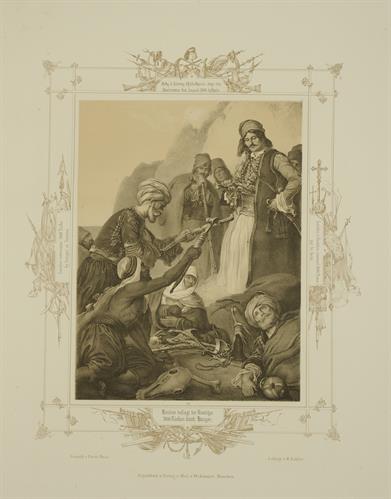 Σκηνή από την Ελληνική Επανάσταση: Ο Ανδρέας Λόντος , ο Ανδρέας Ζαΐμης και ο Οδυσσέας Ανδρούτσος, αρχηγοί των Ελλήνων, καταλαμβάνουν  την Βοστίτσα. Λιθογραφία του Peter von Hess, Μόναχο, 1852.