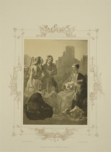 Ο Ρήγας Βελεστινλής με τους συντρόφους του τραγουδά το επαναστατικό του άσμα &quot;Θούριο&quot; αποσκοπώντας στην αφύπνιση των υποδούλων Ελλήνων για να διεκδικήσουν την εθνική τους ανεξαρτησία. Λιθογραφία του Peter von Hess, Μόναχο, 1852