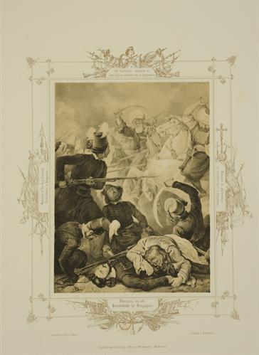 Η καταστροφή του Ιερού Λόχου, φοιτητικού εθελοντικού σώματος υπό τον Αλέξανδρο Υψηλάντη, από τους Οθωμανούς στο Δραγατσάνι της Βλαχίας τον Ιούνιο του 1821. Λιθογραφία του  Peter von Hess, Μόναχο, 1852.