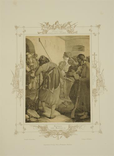 Σκηνή από την Ελληνική Επανάσταση: Οι Έλληνες, υπό τον Αλέξανδρο Καντακουζηνό, κυριεύουν και καταλαμβάνουν το κάστρο της  Μονεμβασιάς τον Αύγουστο του 1821. Λιθογραφία του Peter von Hess, Μόναχο, 1852,