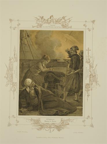 Σκηνή από την Ελληνική Επανάσταση: Ο Υδραίος ναυμάχος Γεώργιος Σαχτούρης πυρπολεί τον εχθρικό στόλο στη Σάμο τον Αύγουστο του 1824. Λιθογραφία του Peter von Hess, Μόναχο, 1852.