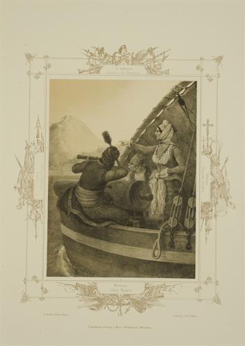 Σκηνή από την Ελληνική Επανάσταση: Η Λασκαρίνα Μπουμπουλίνα, μια από τις ελάχιστες επώνυμες γυναίκες που συμμετείχαν στην επανάσταση, συμβάλλει με τα πλοία της στον αποκλεισμό των Οθωμανών στο φρούριο του Ναυπλίου. Λιθογραφία του Peter von Hess, Μόναχο, 1