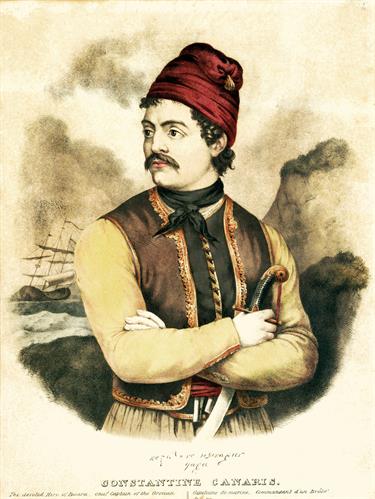 Ο Κωνσταντίνος Κανάρης, ο κυβερνήτης των πυρπολικών κατά την Ελληνική Επανάσταση. Επιζωγραφισμένη λιθογραφία του Adam Friedel από το λεύκωμα &quot;The Greeks. Twenty four portraits of the principal leaders and personages who have made themselves most conspicuo