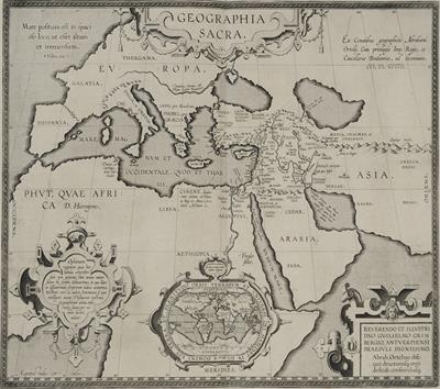 &quot;GEOGRAPHIA SACRA&quot;. Χάρτης του &quot;Παλιού Κόσμου&quot;, βασισμένος σε θρησκευτικά κείμενα. Στο πλαίσιο κάτω στη μέση ο &quot;Νέος Κόσμος&quot;. Ασπρόμαυρη χαλκογραφία, Abraham Ortelius, 1598.