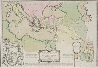 &quot;CARTE DES REGIONS ET DES LIEUX don’t il est parle  dans le NOUVEAU TEStament&quot;. Χάρτης των περιοχών που αναφέρονται στην Καινή Διαθήκη. Ασπρόμαυρη χαλκογραφία με επιχρωματίσεις, των Rigobert Bonne, Jean Lattre, Παρίσι, 1755.
