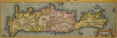&quot;CANDIA INSULA&quot;. Χάρτης της Κρήτης. Επιχρωματισμένη χαλκογραφία, [Abraham Ortelius], [1592-1595].