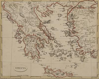 &quot;GRECIA&quot;. Χάρτης της Ελλάδας. Ασπρόμαυρη χαλκογραφία με επιχρωματίσεις, χάραξη: Chianale, Amati e Tela, τυπογραφείο: Il Barbiellini, Torino.