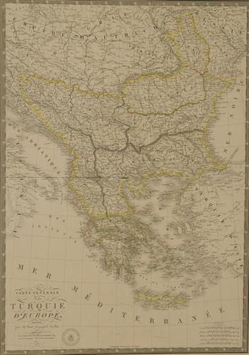 &quot;CARTE GENERALE de la TURQUIE D&#039; EUROPE&quot;. Χάρτης των Ευρωπαϊκών επαρχιών της Οθωμανικής Αυτοκρατορίας. Ασπρόμαυρη χαλκογραφία με επιχρωματίσεις, A. Brue, Παρίσι, 1826.