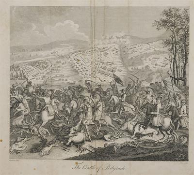 &quot;The Battle of Belgrade&quot;. Η μάχη του Βελιγραδίου. Ασπρόμαυρη χαλκογραφία, Godefroy, Pass, 1798.