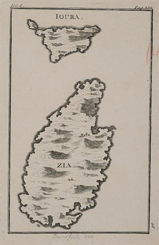 &quot;IOURA. -ZIA&quot;. Χάρτης της Κέας (Τζιά) και της Γυάρου (ή Γιούρας). Ασπρόμαυρη χαλκογραφία, [Joseph Pitton de Tournefort, 1718;].