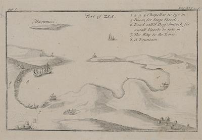 &quot;Port of ZIA&quot;. Χάρτης της Κέας. Ασπρόμαυρη χαλκογραφία, [Joseph Pitton de Tournefort].