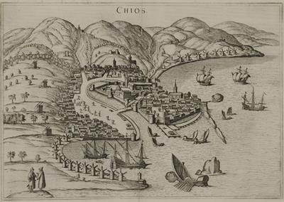 &quot;CHIOS&quot;. Άποψη της πόλης και του κάστρου της Χίου. Ασπρόμαυρη χαλκογραφία, [1573- 1598].