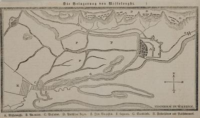 &quot;Die Belagerung von Missolonghi&quot;. Τοπογραφική απεικόνιση της περιοχής του Μεσολογγίου και του ίδιου του κάστρου. Ασπρόμαυρη χαλκογραφία.