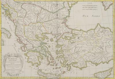 TURQUIE D&#039; EUROPE ET PARTIE DE CELLE D&#039; ASIE divisee par grandes Provinces et Gouvernem.ts. Χάρτης των ευρωπαϊκών επαρχιών της Οθωμανικής Αυτοκρατορίας. Ασπρόμαυρη χαλκογραφία με επιχρωματίσεις, R. Janvier, J. Lattre, Παρίσι.