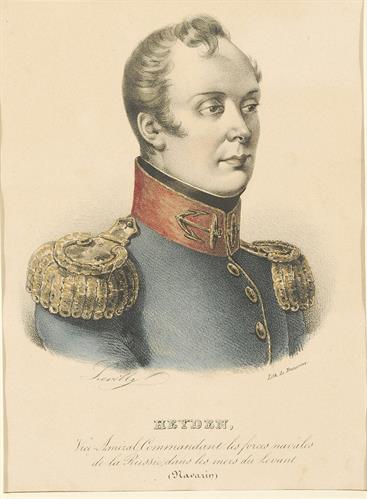 Λογγίνος Χέυδεν, Ναύαρχος του ρωσικού στόλου στη Ναυμαχία του Ναβαρίνου το 1827. Επιζωγραφισμένη λιθογραφία του Levilly, Παρίσι.